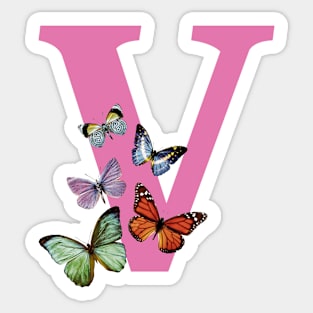 Letter pink V with colorful butterflies Sticker